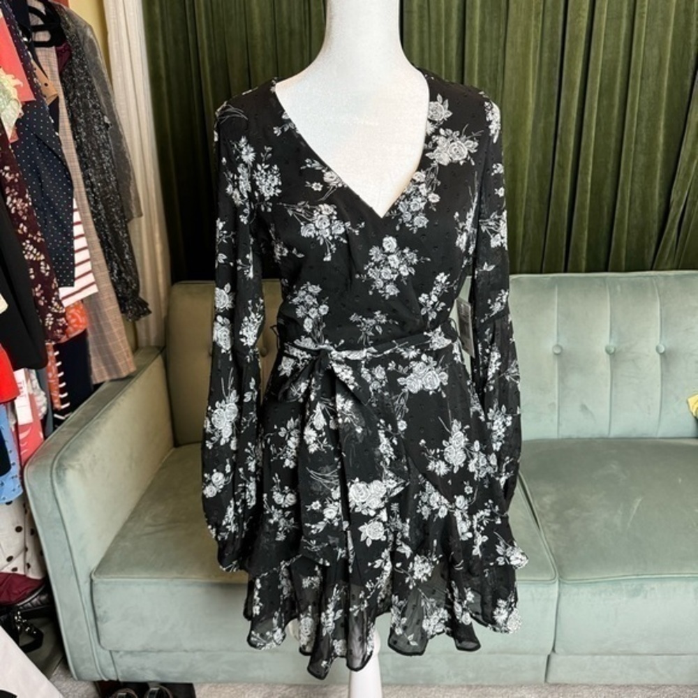 Black and White FloralFaux Wrap Dress with Ruffles - NWT